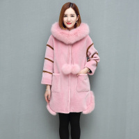 女款狐狸毛领连帽羊剪绒皮