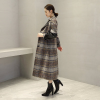 女式气质长款格子纹双面呢羊毛大衣