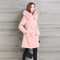 女款系带毛球狐狸毛领连帽羊剪绒皮