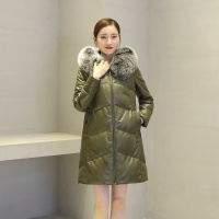 女款优雅大狐狸毛领连帽皮羽绒真皮绵羊皮大衣