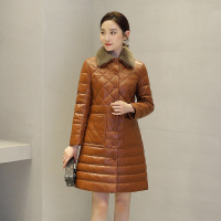 女款菱格纹水貂毛领绵羊皮羽绒服真皮皮衣