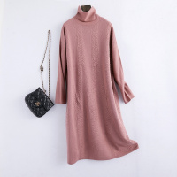 女款时尚高领长款直筒羊毛混纺毛呢衫
