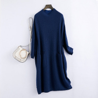 女款简约立领直筒长款兔绒毛呢衫