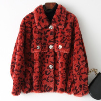 女款时尚潮流宽松款方领单排扣豹纹羊毛外套