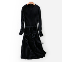 女款时尚通勤修身长款圆领条纹针织衫