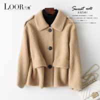 兰奥2019新款羊驼绒落肩袖大衣女韩版短款领海宁皮外套