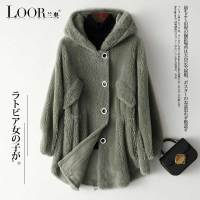 兰奥2019新款海宁女装宽松中长款连帽羊剪绒时尚休闲羊毛皮外套
