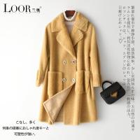 兰奥2019新款西装领宽松落肩袖羊毛大衣双排扣中长款皮外套女装
