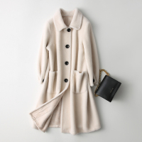 女款时尚气质方领复合皮毛一体小颗粒羊毛大衣