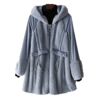 兰奥2019新款女式海宁韩版中长款连帽拉链羊剪绒皮草外套