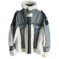 兰奥秋冬新款方领韩版短款羊毛皮草大衣拉链拼接女休闲羊剪绒外套