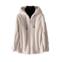 兰奥秋冬新款时尚洋气女式海宁韩版连帽拉链拼接羊剪绒皮草外套