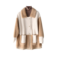 兰奥2019海宁新款小驼绒羊毛翻领大衣复合皮毛一体短款外套女