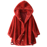 兰奥女式时尚连帽铆钉羊剪绒大衣复合皮毛一体羊毛皮草外套