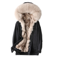 兰奥女款时尚休闲狐狸毛领连帽狐狸毛领内胆派克服皮草外套