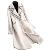兰奥【100%羊毛】女式时尚长款西装领小驼绒羊剪绒大衣羊毛皮草外套