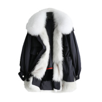 兰奥女款休闲潮流拉链狐狸毛领兔毛内胆派克服皮草外套