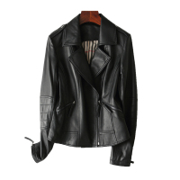 兰奥称女式时尚西装领直筒短款拉链绵羊皮真皮皮衣外套