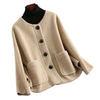 兰奥女式休闲宽松圆领单排扣复合皮毛一体羊毛皮草外套