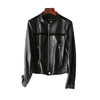 兰奥女式休闲宽松短款条纹圆领拉链绵羊皮真皮皮外套