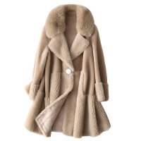 女式休闲直筒长款狐狸毛领复合皮毛一体颗粒羊毛皮草外套
