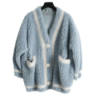 女式休闲V领中长款大口袋艾美丽羊剪绒复合皮毛一体羊毛皮草外套