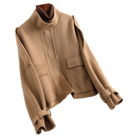 女式街头宽松短款拉链立领口袋双面呢羊毛毛呢大衣