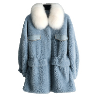 女式休闲狐狸毛领小驼绒艾美丽羊剪绒皮草大衣