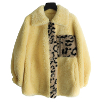 女式潮流常规款小方领拼接豹纹大颗粒羊毛皮草外套