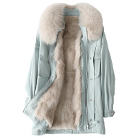 女式休闲宽松中长款獭兔毛内胆狐狸毛领派克服皮草大衣
