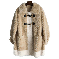 女式休闲宽松中长款牛角扣艾美丽羊剪绒大衣复合皮毛一体皮草外套