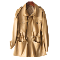 女款休闲时尚宽松圆领中长款绵羊皮真皮皮衣大衣