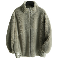 女式简约通勤宽松拉链立领拼接颗粒羊毛中长款大衣