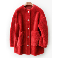 女式休闲圆领中长款羊剪绒大衣单排扣羊毛皮草外套