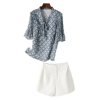 兰奥系带荷叶袖波点小衫上衣白色短裤简约时尚套装女