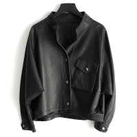 女式街头短款单排扣立领绵羊皮真皮皮衣外套