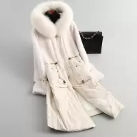 女士时尚狐狸毛领连帽艾丽绒拼接羊毛皮草大衣