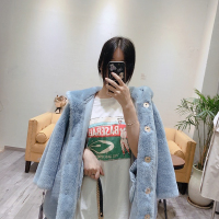 女式时尚连帽铆钉羊剪绒大衣复合皮毛一体羊毛皮草外套