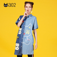 a02商场同款玩味拼接风大眼图案长款牛仔衬衫D1R2C0081BL