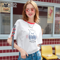 a02新款潮流青年时尚港风个性飘带卡通猫咪T恤女夏DTT1B0271KT