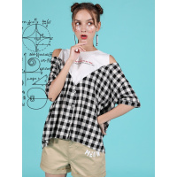 a02新款时尚假两件露肩设计感小众格子衬衫女D1S5A1431BL