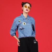 a02商场同款刺绣徽章复古翻领牛仔衬衫上衣D1S5A0061BL