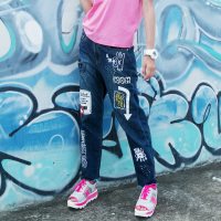 a02商场同款时尚个性毛边潮流印花猫爪休闲牛仔裤女D1S5B0151PN