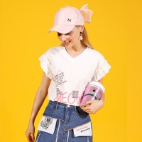 a02新款时尚V领字母印花chic花边袖背心T恤女夏潮DTT2E0101KT