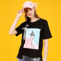 a02新款时尚印花ins超火不规则系带短袖T恤女夏潮DTT2E0281KT
