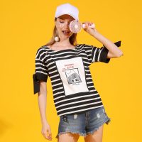 a02新款时尚条纹ins超火贴布印花系带短袖T恤女夏DTT2E0331KT