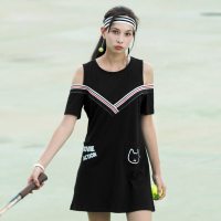 a02新款时髦露肩条纹撞色拼接chic印花T恤连衣裙女夏DTT2C0431DR