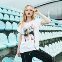 a02新款潮流印花蝴蝶结长飘带花边袖短袖T恤女夏DTT2D0221KT