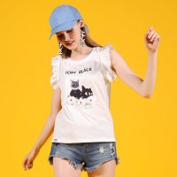 a02新款少女ins超火猫咪印花chic花边背心T恤女夏DTT2E0341KT