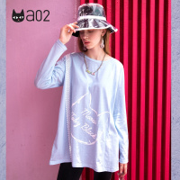 a02新款大码印花蕾丝拼接宽松中长款长袖T恤女DTT5A0261KT